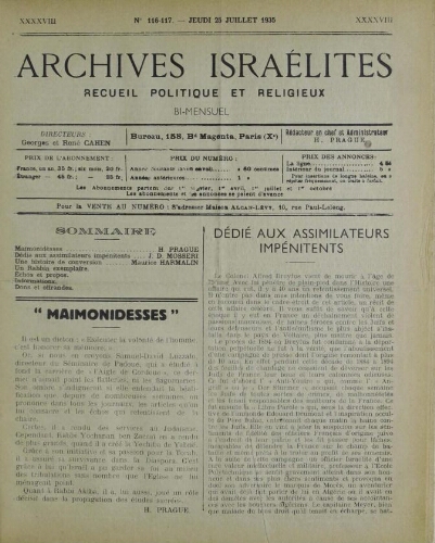 Archives israélites de France. Vol.98 N°116-117 (25 juil. 1935)